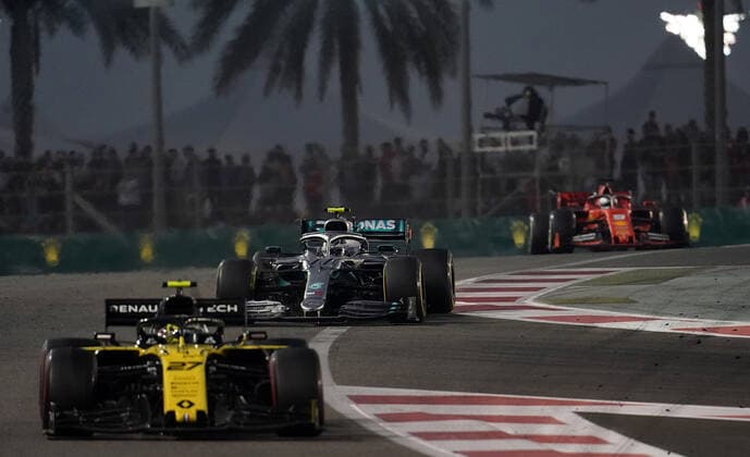 FORMULA 1 ETIHAD AIRWAYS ABU DHABI GRAND PRIX 2019 01.12.2019, Yas Marina Circuit, Abu Dhabi, FORMULA 1 ETIHAD AIRWAYS ABU DHABI GRAND PRIX 2019 , im Bild Nico Hülkenberg (GER 27), Renault F1 Team, Valtteri Bottas (FIN 77), Mercedes-AMG Petronas Motorsport, Sebastian Vettel (GER 5), Scuderia Ferrari Mission Winnow