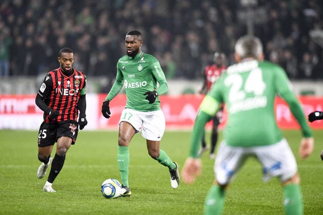 17 JEAN EUDES AHOLOU (ASSE) - 25 WYLAN CYPRIEN (NICE) FOOTBALL : Saint Etienne vs Nice - Ligue 1 Conforama - 04 12 2019 AnthonyBIBARD FEP Panoramic 