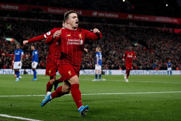 Xherdan Shaqiri of Liverpool celebrates scoring his sides second goal of the game during the Premier League match at Anfield, Liverpool. Picture date: 4th December 2019. Picture credit should read: James Wilson Sportimage EDITORIAL USE ONLY. No use with unauthorised audio, video, data, fixture lists, club league logos or live services. Online in-match use limited to 120 images, no video emulation. No use in betting, games or single club league player publications. SPI-0351-0074