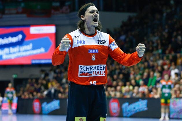 05.12.2019, xtgx, Handball Liqui Moly HBL, SC Magdeburg - SG Flensburg-Handewitt emspor, v.l. Jannick Green Krejberg (Magdeburg, 16) Jubelt über gehaltenen Ball, abgewehrt, gehalten, Torhueter GETEC Arena