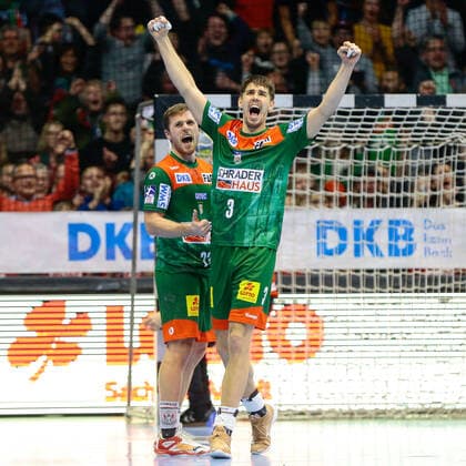 05.12.2019, xtgx, Handball Liqui Moly HBL, SC Magdeburg - SG Flensburg-Handewitt emspor, v.l. Albin Lagergren (Magdeburg, 23), Piotr Chrapkowski (Magdeburg, 3) Jubel ueber den Sieg, Jubel nach Spielende GETEC Arena