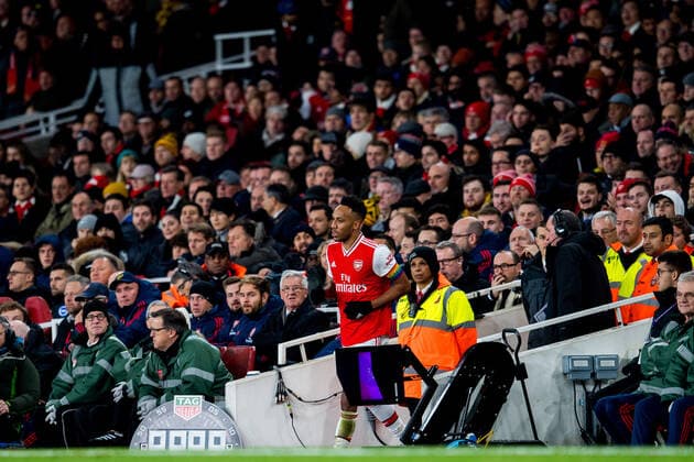 191205 Pierre-Emerick Aubameyang of Arsenal during the Premier League football match between Arsenal and Brighton & Hove Albion on December 5, 2019 in London. Photo: Vegard Wivestad Grott BILDBYRAN kod VG 170447 bbeng football fotboll fotball premier league arsenal brighton brighton & hove albion Copyright: VEGARDxWIVESTADxGRoTT BB191205VG070