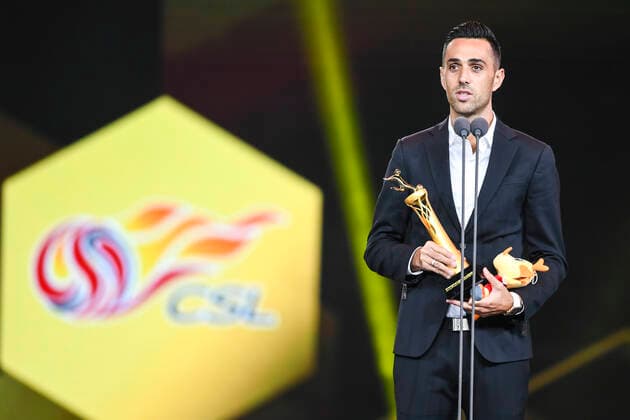 Israeli football player Eran Zahavi from Guangzhou R&F F.C. deliver a speech after winning the award of top scorer during 2019 Ping An Chinese Football Association Super League Award Ceremony in Shanghai, China, 7 December 2019.