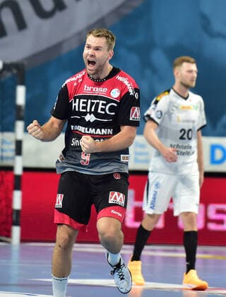 08.12.2019 - Handball - 1. Bundesliga LIQUI MOLY HBL - Saison 2019 2020 - 16.Spieltag: HC Erlangen Metropolregion Nürnberg HCE - SC DHfK Leipzig - OGo - Petter Overby ( 9, HC Erlangen HCE ) Jubel Freude