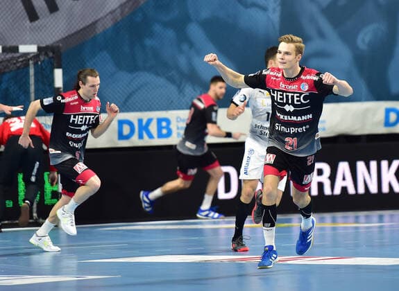 08.12.2019 - Handball - 1. Bundesliga LIQUI MOLY HBL - Saison 2019 2020 - 16.Spieltag: HC Erlangen Metropolregion Nürnberg HCE - SC DHfK Leipzig - OGo - Christopher Bissel (21, HC Erlangen HCE ) Jubel Freude