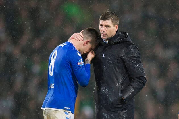 8th December 2019; Hampden Park, Glasgow, Scotland; Scottish League Cup Final Football, Celtic versus Rangers; Rangers manager Steven Gerrard consoles a tearful Ryan Jack at full time  ActionPlus12195091 DavidxYoung