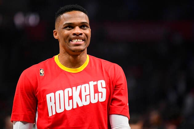 LOS ANGELES, CA - NOVEMBER 22: Houston Rockets Guard Russell Westbrook (0) looks on before a NBA, Basketball Herren, USA game between the Houston Rockets and the Los Angeles Clippers on November 22, 2019 at STAPLES Center in Los Angeles, CA. (Photo by Brian Rothmuller Icon Sportswire) NBA: NOV 22 Rockets at Clippers Icon191122115