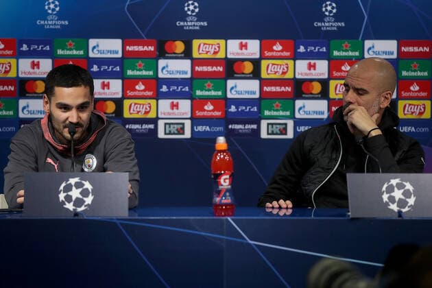 Zagreb: Pep Guardiola and Ilkay Gundogan at the press conference, PK, Pressekonferenz 10.12.2019., Croatia, Zagreb, stadium Maksimir - UEFA Champions League, group C, round 6, GNK Dinamo - FC Manchester City. Press conferece by FC Manchester City. Ilkay Gundogan and Ilkay Gundogan.  GoranxStanzl PIXSELL