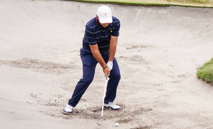 GOLF PRESIDENTS CUP, Patrick Reed of the United States prepares to play a shot out of the sand in a bunker ahead of the 2019 Presidents Cup golf competition at the Royal Melbourne Golf Club in Melbourne, Wednesday, December 11, 2019. ( NO ARCHIVING, EDITORIAL USE ONLY, NO USE IN BOOKS WITHOUT CONSENT MELBOURNE VIC AUSTRALIA  Copyright: xSCOTTxBARBOURx 20191211001437364703
