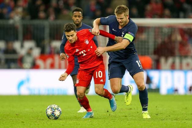 l-r: im Zweikampf, Aktion, mit Philippe Coutinho 10 (FC Bayern Muenchen) und Erik Dier 15 (Tottenham Hotspur), FC Bayern Muenchen vs. Tottenham Hotspur, Fussball, Vorrunde, Champions League, 11.12.2019 Muenchen Bayern Deutschland