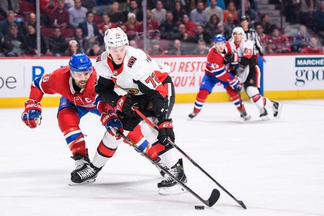 MONTREAL, QC - DECEMBER 11:Thomas Chabot (72) of the Ottawa Senators skates the puck away from Shea Weber (6) of the Montreal Canadiens during the first period of the NHL, Eishockey Herren, USA game between the Ottawa Senators and the Montreal Canadiens on December 11, 2019, at the Bell Centre in Montreal, QC (Photo by Vincent Ethier Icon Sportswire) NHL: DEC 11 Senators at Canadiens Icon1912110741