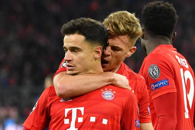 Torjubel Philippe COUTINHO (Bayern Muenchen) nach Tor zum 3-1, Aktion,Jubel,Freude,Begeisterung mit Joshua KIMMICH (Bayern Muenchen) FC Bayern Muenchen -Tottenham Hotspur 3-1, Fussball Champions League,Gruppe B, Gruppenphase,6.Spieltag, am 11.12.2019. A L L I A N Z A R E N A. DFL REGULATIONS PROHIBIT ANY USE OF PHOTOGRAPHS AS IMAGE SEQUENCES AND OR QUASI-VIDEO.