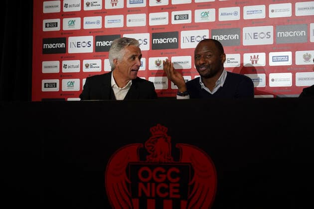 Jean Pierre Rivere (president de l OGC Nice) - Patrick Vieira (entraineur de l OGC Nice) Football : Presentation de Riza Durmisi nouvelle recrue de l OGC Nice - Nice - 12 12 2019 NorbertScanella PanoramiC 