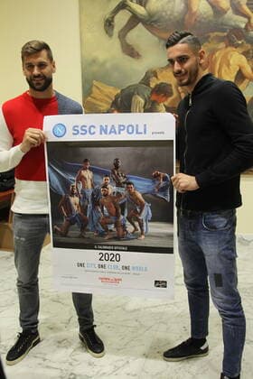 Italy: Presentation calendar 2020 football team Presentation of the official 2020 calendar of the football team of NAPOLI SSCN.In photo in order L to R: Fernando Llorente,forward (FW) of SSC NAPOLI and Alex Meret,goalkeeper (GK) of SSC NAPOLI Napoli Campania Napoli Italy SalvatorexEsposito PacificxPress