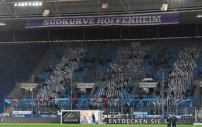 13.12.2019, xjhx, Fussball 1.Bundesliga, TSG 1899 Hoffenheim - FC Augsburg emspor, v.l. Hoffenheimer Fans Choreo (DFL DFB REGULATIONS PROHIBIT ANY USE OF PHOTOGRAPHS as IMAGE SEQUENCES and or QUASI-VIDEO) Sinsheim