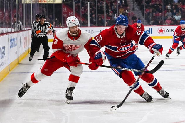 MONTREAL, QC - DECEMBER 14: Montreal Canadiens defenceman Cale Fleury (20) battles with Detroit Red Wings left wing Darren Helm (43) to gain control of the puck during the Detroit Red Wings versus the Montreal Canadiens game on December 14, 2019, at Bell Centre in Montreal, QC (Photo by David Kirouac Icon Sportswire) NHL, Eishockey Herren, USA DEC 14 Red Wings at Canadiens Icon191214091