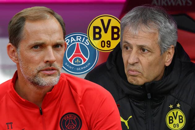 Borussia Dortmund trifft im Champions League Achtelfinale auf Paris Saint Germain. Archivfoto; Thomas TUCHEL (Trainer Paris St.Germain) trifft auf Lucien FAVRE (Trainer Borussia Dortmund), Fussball 1. Bundesliga, DFL REGULATIONS PROHIBIT ANY USE OF PHOTOGRAPHS AS IMAGE SEQUENCES AND OR QUASI-VIDEO. Â