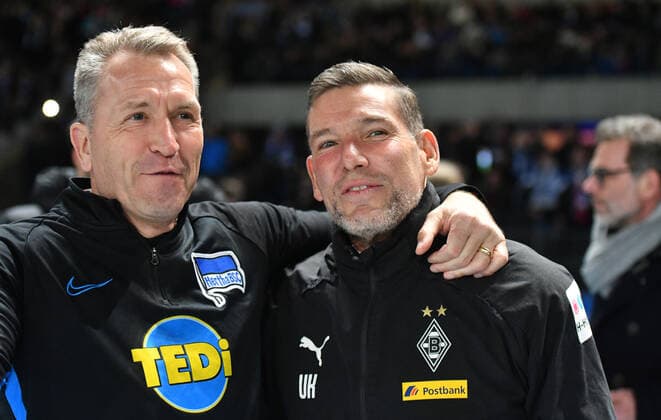 Andreas Köpke (Torwarttrainer Hertha BSC) und Uwe Kamps (Gladbach) vor dem Spiel Hertha BSC Berlin - Borussia Mönchengladbach 1. Bundesliga 2019 2020, 1. BL, 1. Bundesliga, DFL, Fußball, Fussball, soccer, Herren, Männer, Maenner, Deutschland, Germany Berlin, 21.12.2019, Olympiastadion DFL REGULATIONS PROHIBIT ANY USE OF PHOTOGRAPHS AS IMAGE SEQUENCES AND OR QUASI-VIDEO