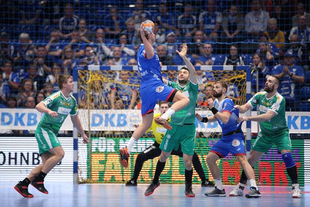 v.l. Franz Semper (SC DHfK Leipzig 3), Jonathan Carlsbogard (TBV Lemgo Lippe 9), Bastian Roscheck (SC DHfK Leipzig 19), Andrej Kogut (TBV Lemgo Lippe 5), Alen Milosevic (SC DHfK Leipzig 34) GER, Handball, 1. Bundesliga, TBV Lemgo Lippe gegen SC DHfK Leipzig, 21.12.2019 Lemgo Copyright: xStrohdiekx Eibner-Pressefotox EP_jsk