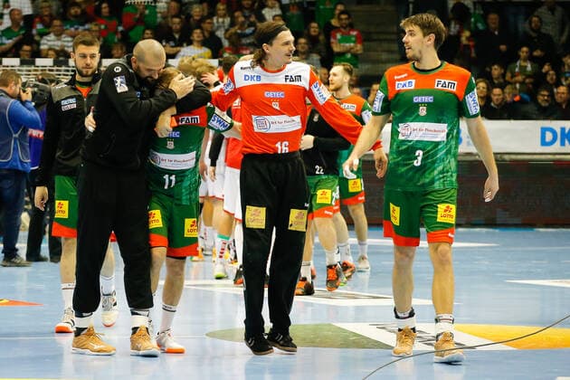 22.12.2019, xgox, Handball Liqui Moly HBL, SC Magdeburg - MT Melsungen emspor, v.l. Zeljko Musa (Magdeburg, 2), Daniel Pettersson (Magdeburg, 11), Jannick Green Krejberg (Magdeburg, 16), Piotr Chrapkowski (Magdeburg, 3) Jubel über den Sieg, Jubel nach Spielende GETEC Arena