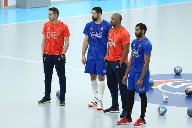 Handball WM, Frankreich Training Guillaume Gille (France) Nikola Karabatic (France) Didier Dinart (France) Nicolas Claire (France) HANDBALL : Entrainement Equipe de France masculine - Preparation EHF EURO 2020 - 27 12 2019 KevinDomas Panoramic 
