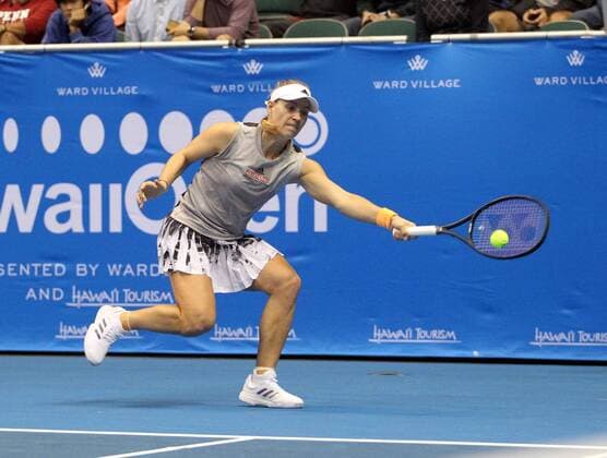 December 27, 2019 - Angelique Kerber hits a return shot at the Hawaii Open invitational tournament match between Misaki Doi (Japan) and Angelique Kerber (Germany) at the Stan Sheriff Center in Honolulu, HI - CSM Tennis 2019: Hawaii Open DEC27 - ZUMAc04_ 20191227_zaf_c04_264 Copyright: xMichaelxSullivanx