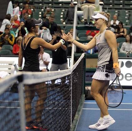 December 27, 2019 - Opponents shake hands after the Hawaii Open invitational tournament match between Misaki Doi (Japan) and Angelique Kerber (Germany) at the Stan Sheriff Center in Honolulu, HI - CSM Tennis 2019: Hawaii Open DEC27 - ZUMAc04_ 20191227_zaf_c04_275 Copyright: xMichaelxSullivanx