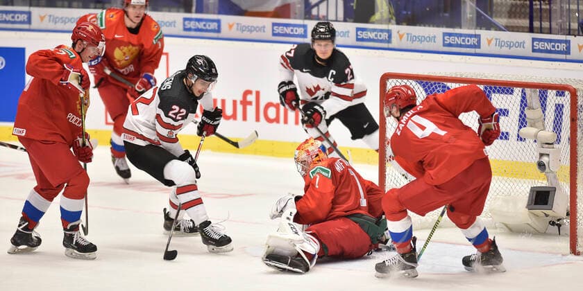 (L-R) Pavel Dorofeyev and Dmitri Voronkov of Russia, Dylan Cozens of Canada, Amir Miftakhov of Russia, Barrett Hayton of Canada and Yegor Zamula of Russia in action during the 2020 IIHF World Junior Ice hockey, Eishockey Championships Group B match between Russia and Canada in Ostrava, Czech Republic, on December 28, 2019. (CTKxPhoto JaroslavxOzana) CTKPhotoP201912280455401  JAO 01