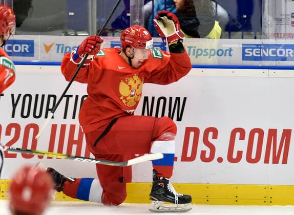 Nikita Rtishev of Russia celebrates a goal during the 2020 IIHF World Junior Ice hockey, Eishockey Championships Group B match between Russia and Canada in Ostrava, Czech Republic, on December 28, 2019. (CTKxPhoto JaroslavxOzana) CTKPhotoP201912280447401  _JAO1045