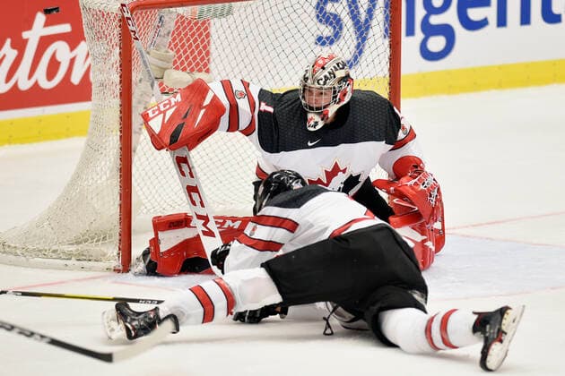 Kevin Bahl, left, and Nico Daws of Canada in action during the 2020 IIHF World Junior Ice hockey, Eishockey Championships Group B match between Russia and Canada in Ostrava, Czech Republic, on December 28, 2019. (CTKxPhoto JaroslavxOzana) CTKPhotoP201912280487701  JAO 13
