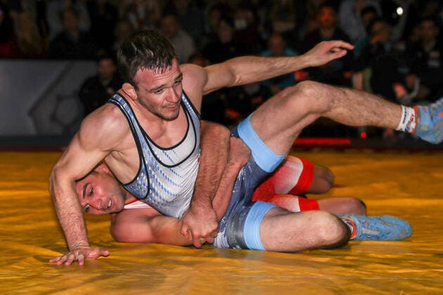 Ringen Bundesliga Endrunde 1 4 Finale - 2019 - TuS Adelhausen - SV Wacker Burghausen - 28-12-2019 Ivo Angelov (TuS Adelhausen rot) und Andreas Maier (SV Wacker Burghausen blau) (Gr.roem. 61KG), beim Ringen Bundesliga Endrunde 1 4 Finale zwischen dem TuS Adelhausen und SV Wacker Burghausen, am Samstag, den 28. Dezember 2019 Dinkelberghalle in Adelhausen (Deutschland). *** Wrestling Bundesliga Final 1 4 Finals 2019 TuS Adelhausen SV Wacker Burghausen 28 12 2019 Ivo Angelov TuS Adelhausen red and Andreas Maier SV Wacker Burghausen blue Gr roem 61KG , at the wrestling Bundesliga Final 1 4 Finals between TuS Adelhausen and SV Wacker Burghausen, on Saturday 28 December 2019 Dinkelberghalle in Adelhausen Germany Copyright: xBEAUTIFULxSPORTS G.xHubbsx