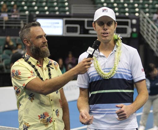 December 28, 2019 - Sam Querrey gets interviewed after a mixed doubles exhibition match at the Hawaii Open invitational tournament between teams Danielle Collins Sam Querrey and Yanina Wickmayer Christian Harrison at the Stan Sheriff Center in Honolulu, HI - CSM Tennis 2019: Hawaii Open DEC28 - ZUMAc04_ 20191228_zaf_c04_536 Copyright: xMichaelxSullivanx