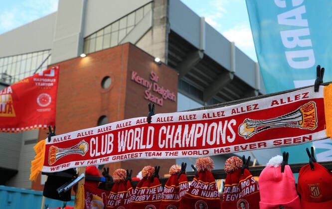 29th December 2019; Anfield, Liverpool, Merseyside, England; English Premier League Football, Liverpool versus Wolverhampton Wanderers; a Liverpool scarf commemorating the club s recent success in the Club World Championship, WM, Weltmeisterschaft on merchandising stand outside the Kop - Strictly Editorial Use Only. No use with unauthorized audio, video, data, fixture lists, club league logos or live services. Online in-match use limited to 120 images, no video emulation. No use in betting, games or single club league player publications ActionPlus12199115 DavidxBlunsden