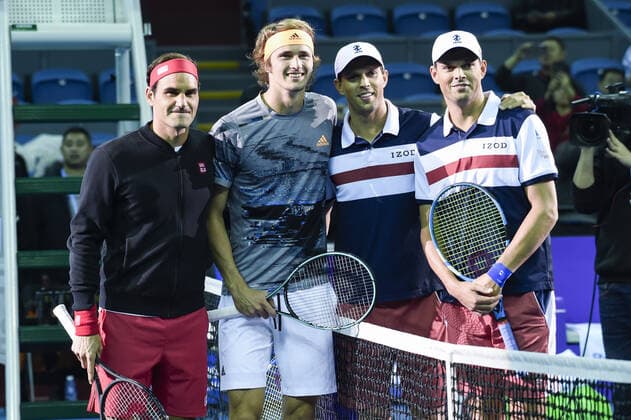 December 30, 2019, Zhejiang, Zhejiang, China: Zhejiang,CHINA-Switzerland s Roger federer and Germany s Alexander zverev VS America s Bob blaine mike blaine during the 2019 Tmall cup invitational tennis tournament at the Olympic sports center in Hangzhou, east China s Zhejiang province, Dec. 28, 2019.Federer and Zvelev lost 0-2 to their opponents. Hangzhou international tennis invitational tournament: federer s debut  - ZUMAs145 20191230_zaa_s145_098 Copyright: xZhanxYux