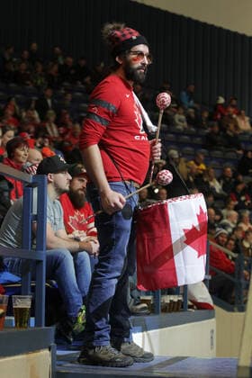 Canadian Ice hockey, Eishockey fan with a drum is seen during the 2020 IIHF World Junior Ice Hockey Championships Group B match between Germany and Canada in Ostrava, Czech Republic, on December 30, 2019. (CTKxPhoto PetrxSznapka) CTKPhotoP201912300464301  SZN 01