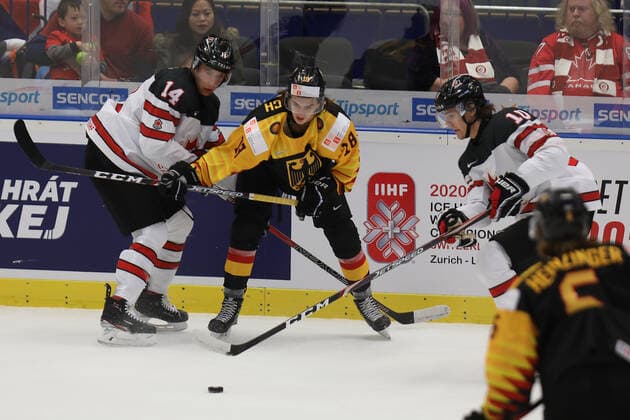 L-R Jared Mcisaac (CAN), Taro Jentzsch (GER) and Raphael Lavoi (CAN) in action during the 2020 IIHF World Junior Ice hockey, Eishockey Championships Group B match between Germany and Canada in Ostrava, Czech Republic, on December 30, 2019. (CTKxPhoto PetrxSznapka) CTKPhotoP201912300465801  SZN 04