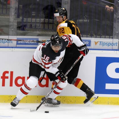 L-R Akil Thomas (CAN) and Yannik Valenti (GER) in action during the 2020 IIHF World Junior Ice hockey, Eishockey Championships Group B match between Germany and Canada in Ostrava, Czech Republic, on December 30, 2019. (CTKxPhoto PetrxSznapka) CTKPhotoP201912300471501  SZN 08