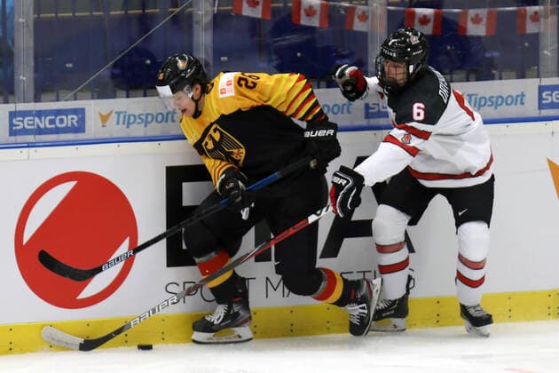 L-R Dominik Bokk (GER) and Jamie Drysdale (CAN) in action during the 2020 IIHF World Junior Ice hockey, Eishockey Championships Group B match between Germany and Canada in Ostrava, Czech Republic, on December 30, 2019. (CTKxPhoto PetrxSznapka) CTKPhotoP201912300502101  SZN 10