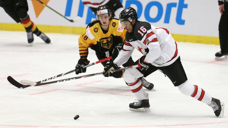 L-R TARO JENTZSCH (GER) and AKIL THOMAS (CAN) in action during the 2020 IIHF World Junior Ice hockey, Eishockey Championships Group B match between Germany and Canada in Ostrava, Czech Republic, on December 30, 2019. (CTKxPhoto PetrxSznapka) CTKPhotoP201912300508401  SZN 16
