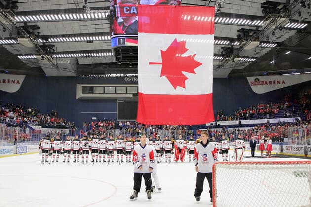 Hockey players of Canada, U20, celebrate a victory after the 2020 IIHF World Junior Ice hockey, Eishockey Championships Group B match between Germany and Canada in Ostrava, Czech Republic, on December 30, 2019. (CTKxPhoto PetrxSznapka) CTKPhotoP201912300536401  SZN 18