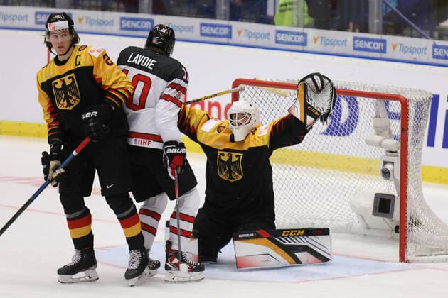 L-R MORITZ SEIDER of Germny, RAPHAEL LAVOIE of Canada and goalie HENDRIK HANE of Germany in action during the 2020 IIHF World Junior Ice hockey, Eishockey Championships Group B match between Germany and Canada in Ostrava, Czech Republic, on December 30, 2019. (CTKxPhoto PetrxSznapka) CTKPhotoP201912300547201  SZN 24