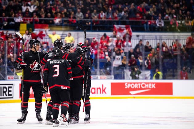 200102 Alexis Lafreniere of Canada celebrates the 1-0 goal by Barrett Hayton , not pictured, during the 2020 IIHF World Junior Championship quarterfinal between Canada and Slovakia on January 2, 2020 in Ostrava. Photo: Simon Hastegard BILDBYRAN kod SH 180169 ishockey Ice hockey, Eishockey u20 jvm jvm 2020 jvm 19-20 iihf world junior championship world juniors bbeng kvartsfinal quarter final kanada slovakien jubel Copyright: SIMONxHASTEGARD BB200102BB073