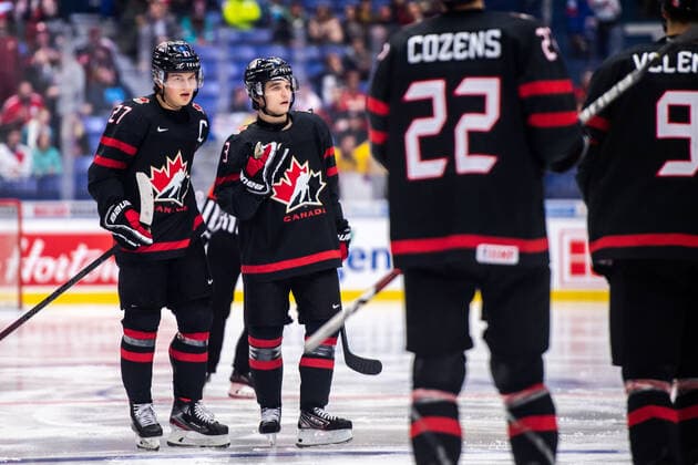 200102 Barrett Hayton celebrate with Calen Addison after the 6-0 goal during the 2020 IIHF World Junior Championship quarterfinal between Canada and Slovakia on January 2, 2020 in Ostrava. Photo: Simon Hastegard BILDBYRAN kod SH 180169 ishockey Ice hockey, Eishockey u20 jvm jvm 2020 jvm 19-20 iihf world junior championship world juniors bbeng kvartsfinal quarter final kanada slovakien jubel Copyright: SIMONxHASTEGARD BB200102BB104
