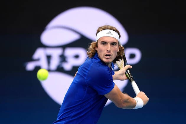 ATP, Tennis Herren CUP BRISBANE DAY 1, Stefanos Tsitsipas of Greece plays a backhand in his match against Denis Shapovalov of Canada during day 1 of the ATP Cup tennis tournament at at Pat Rafter Arena in Brisbane, Friday, January 3, 2020. ( NO ARCHIVING, EDITORIAL USE ONLY, NO USE IN BOOKS WITHOUT CONSENT BRISBANE QLD AUSTRALIA  Copyright: xALBERTxPEREZx 20200103001440107604