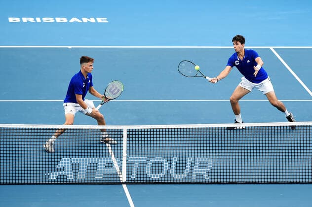 ATP, Tennis Herren CUP BRISBANE DAY 1, Michail Pervolarakis of Greece plays a forehand in his doubles match against Felix Auger-Aliassime and Denis Shapovalov of Canada during day 1 of the ATP Cup tennis tournament at at Pat Rafter Arena in Brisbane, Friday, January 3, 2020. ( NO ARCHIVING, EDITORIAL USE ONLY, NO USE IN BOOKS WITHOUT CONSENT BRISBANE QLD AUSTRALIA  Copyright: xALBERTxPEREZx 20200103001440133450