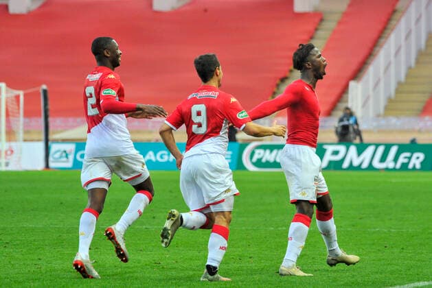 Fußball, Coupe de France, AS Monaco - Stade Reims Joie - Keita Balde (AS Monaco) - Fode Ballo Toure (AS Monaco) - Wissam Ben Yedder (AS Monaco) FOOTBALL : AS Monaco vs Stade de Reims - 32eme de finale de Coupe de France - Monaco - 04 01 2020 NorbertScanella PanoramiC 
