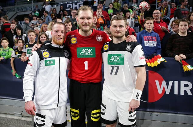 BAU 04.01.2020 Mannheim Handball Länderspiel Deutschland vs. Island, Stuttgarter Nationalspieler, v.l. Patrik Zieker, Johannes Bitter, David Schmidt (GER)