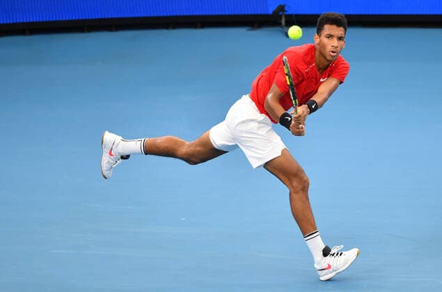 ATP, Tennis Herren CUP BRISBANE DAY 3, Felix Auger-Aliassime of Canada in action against John Millman of Australia during day 3 of the ATP Cup tennis tournament at Pat Rafter Arena in Brisbane, Sunday, January 5, 2020. ( NO ARCHIVING, EDITORIAL USE ONLY, NO USE IN BOOKS WITHOUT CONSENT BRISBANE QLD AUSTRALIA  Copyright: xDARRENxENGLANDx 20200105001440355898