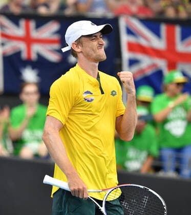 ATP, Tennis Herren CUP BRISBANE DAY 3, John Millman of Australia celebrates winning his match against Felix Auger-Aliassime of Canada during day 3 of the ATP Cup tennis tournament at Pat Rafter Arena in Brisbane, Sunday, January 5, 2020. ( NO ARCHIVING, EDITORIAL USE ONLY, NO USE IN BOOKS WITHOUT CONSENT BRISBANE QLD AUSTRALIA  Copyright: xDARRENxENGLANDx 20200105001440362066