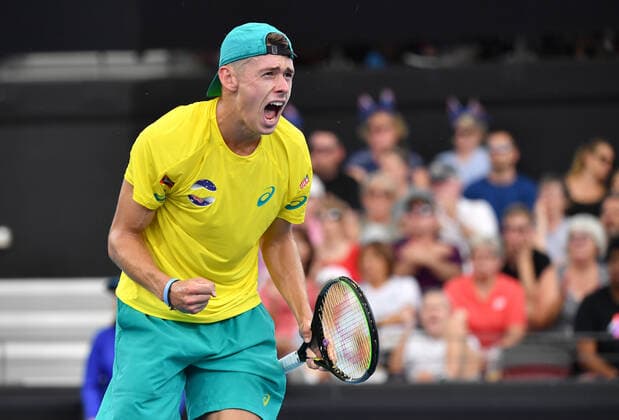 ATP, Tennis Herren CUP BRISBANE DAY 3, Alex de Minaur of Australia is seen reacting during his match against Denis Shapovalov of Canada during day 3 of the ATP Cup tennis tournament at Pat Rafter Arena in Brisbane, Sunday, January 5, 2020. ( NO ARCHIVING, EDITORIAL USE ONLY, NO USE IN BOOKS WITHOUT CONSENT BRISBANE QLD AUSTRALIA  Copyright: xDARRENxENGLANDx 20200105001440387511